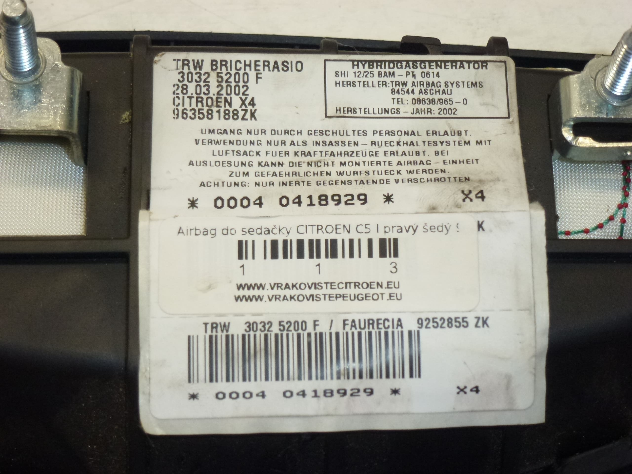 Passenger Seat Airbag Citroën C5 96358188ZK 96391352ZK 8216K3 - Image 2